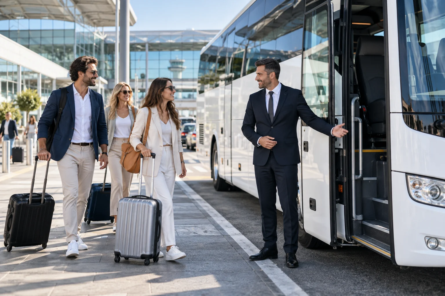 Viaggiatori con bagagli accolti da un autista presso un aeroporto