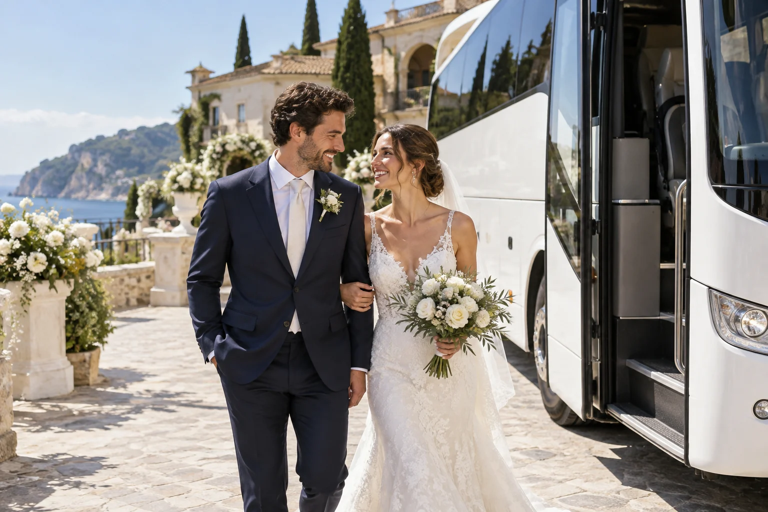 Sposi accanto a un pullman per un matrimonio